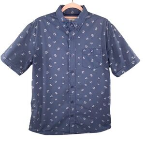 Weatherproof Vintage Anchor Print Button Down Shirt Mens Sz L Navy Blue Nautical